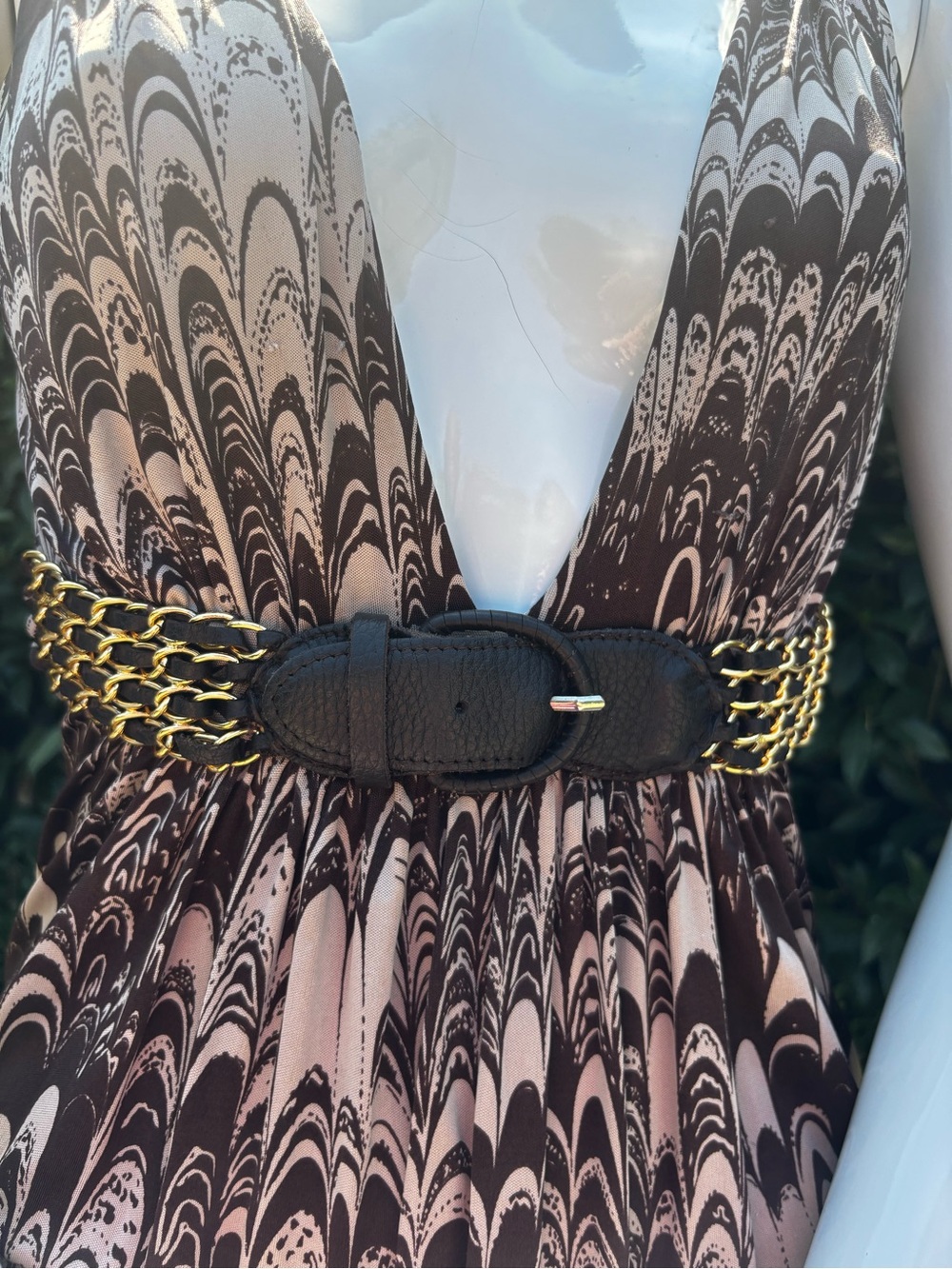 Y2K Silk Mini Brown and Cream Plunging V-Neck Dress with waist belt - Picture 4 of 11